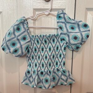 Janie and Jack Turquoise Floral Smocked Puff-Sleeve Peplum Top